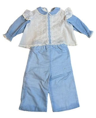 Conjunto Pantalón Guinga Bebé Niña Toddle Tyke Años 60-70 Azul Blanco Ojales Encaje 6mo Foto 1 de 4