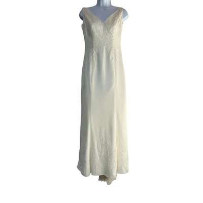 Galina VTG Polyester Wedding Dress 6 Ivory Ruffle Trumpet Embroidered Sleeveless - Image 1 of 4