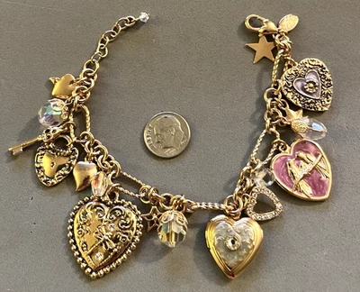 KIRKS FOLLY Crystal Rhinestone Love Never Dies Heart Locket Charms Bracelet Mint - Image 1 of 4