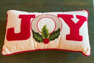 JOY Holiday Appliqué Lumbar Pillow Christmas Holiday 17” x 9” Red Green White - Image 1 of 4