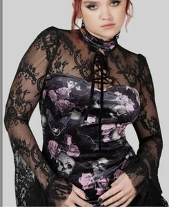 Killstar Poison Fang Blouse Top Women's Size Large Black Pink Tie Velvet Gothic - Picture 1 of 17