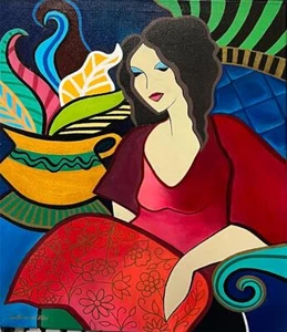 Paulina del Mar Women Original on Stretched Canvas in the style of Tarkay - Picture 1 of 1