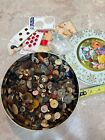 Tin Full of Vintage Buttons - Unique Shapes some on cards