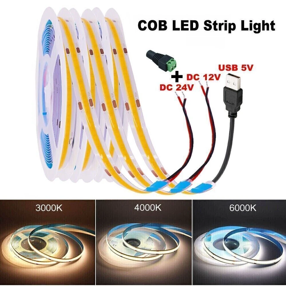 COB LED Strip Light Flexible Tape Lights Home DIY Lighting Warm White 5V 12V 24V - Image 1 of 4