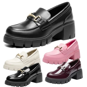Women Platform Chunky Heel Loafer Shoes Round Toe Slip On Office Work Shoes - Picture 1 of 25