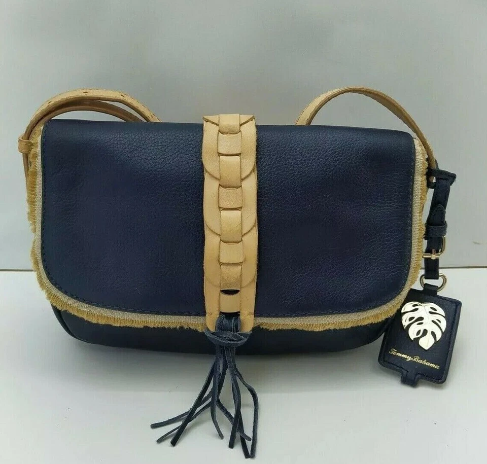 Bolsa tiracolo listrada Tommy Bahama Santa Rosa couro azul marinho tecido - $188 - Imagem 1 de 4