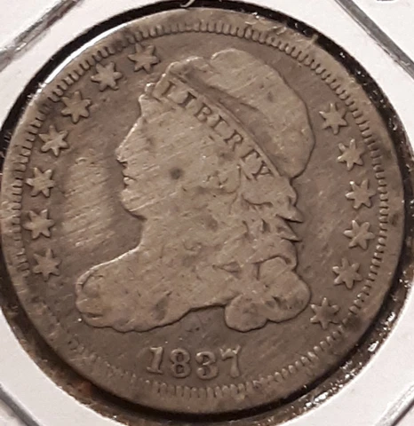 1837 Capped Bust 90% Silver Dime VG to F Detail Cover