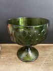 Vintage Green Glass Round Pedestal Candy Bowl Embossed Planter 6” Diam FTD 1978