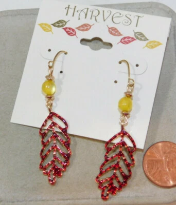 Cosecha Otoño Tema Hoja Hojas Dorado Rojo Esmaltado Pendientes Largos B3 - Imagen 1 de 4