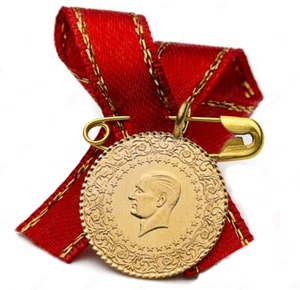 Ceyrek Altin Türkische Goldmünze 22k Vergoldet Mit Schleife Atatürk 18 mm - Bild 1 von 3