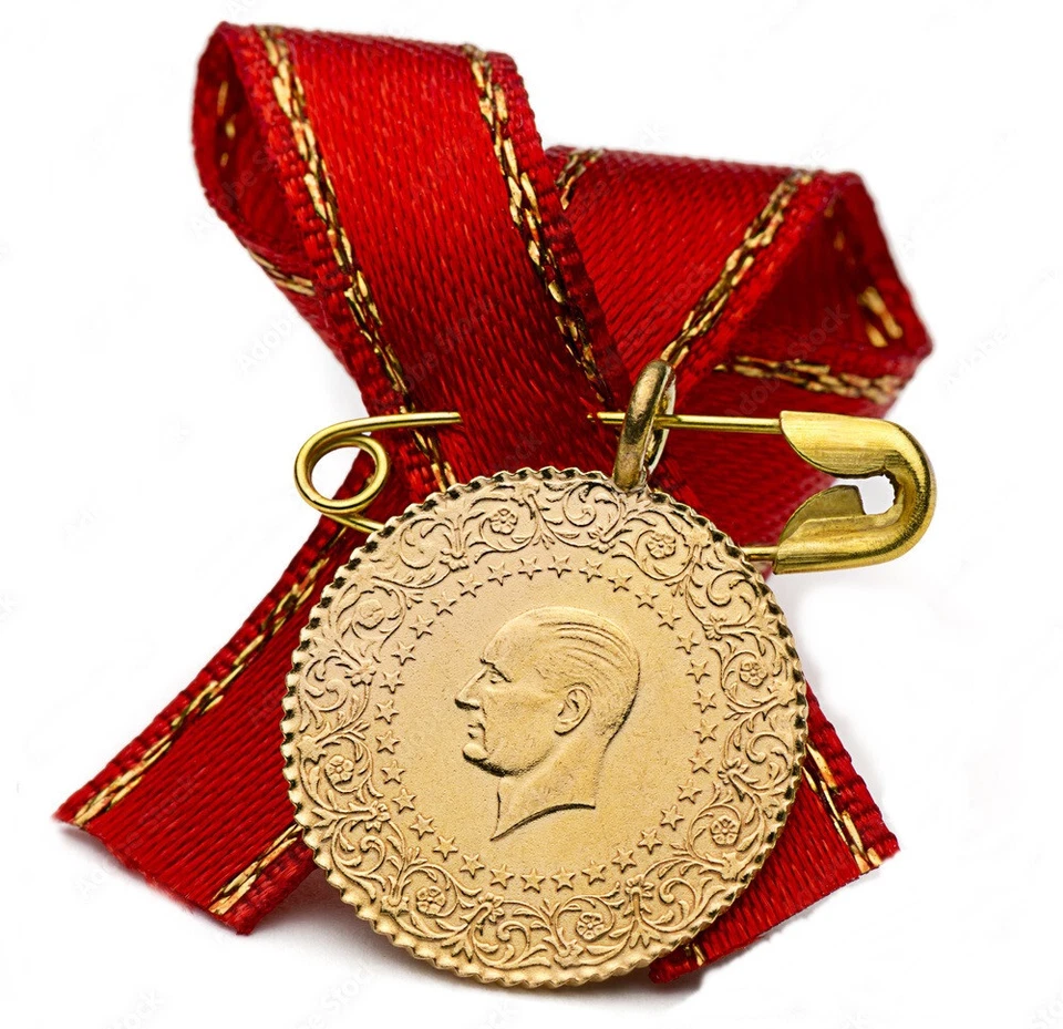 Ceyrek Altin Türkische Goldmünze 22k Vergoldet Mit Schleife Atatürk 18 mm - Bild 1 von 3