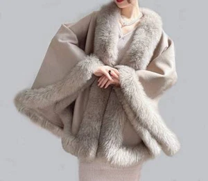 Nueva capa envolvente de lana de cachemir beige avena para mujer piel de zorro  - Imagen 1 de 4