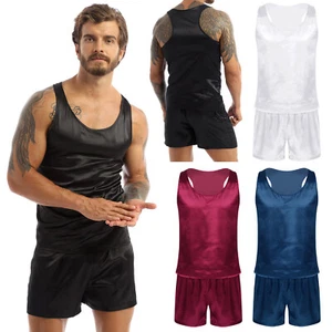 Mens Satin Pajamas Set Sleeveless Tank Top with Shorts Sleepwear Nightwear - Picture 1 of 82