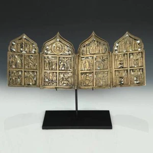 ANTIKE RUSSISCHE ALTGLÄUBIGE 4 TAFELN IKONE BRONZE EMAILLE NEUES TESTAMENT 19. JH. - Bild 1 von 10