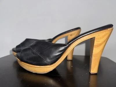 Zapatos de plataforma de tacón de madera talla 8 años 70 80 de colección cuero negro arenoso en grasa Foto 1 de 4