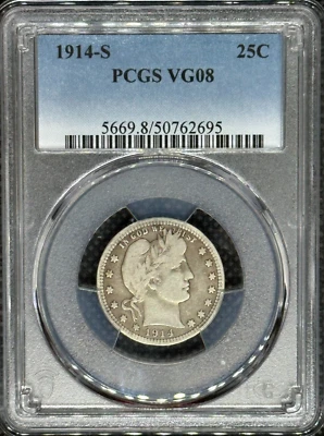1914 S Barber Silver Quarter 25C PCGS VG 8 - Image 1 of 2