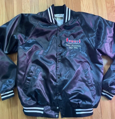 VTG 1993 Summit Racing Jacket Satin Coach Snap USA L Black Akron Ohio Varsity - Image 1 of 4
