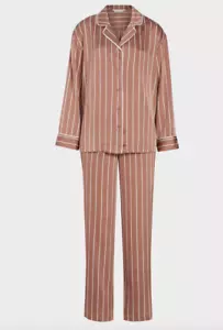 NEW PETER ALEXANDER MOCHA STRIPED POLY SATIN TOP & PANTS PJ SET LARGE L RP$149 - Picture 1 of 5