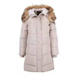 Bebe Winter Coat Sand Faux Fur Trim Sz M Snaps on Side Zip & Snap Closure NWT - Picture 1 of 14