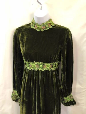 Maxi vestido vintage años 70 personalizado Boho largo verde terciopelo cintura imperio - ¡fabricado! talla pequeña Foto 1 de 4