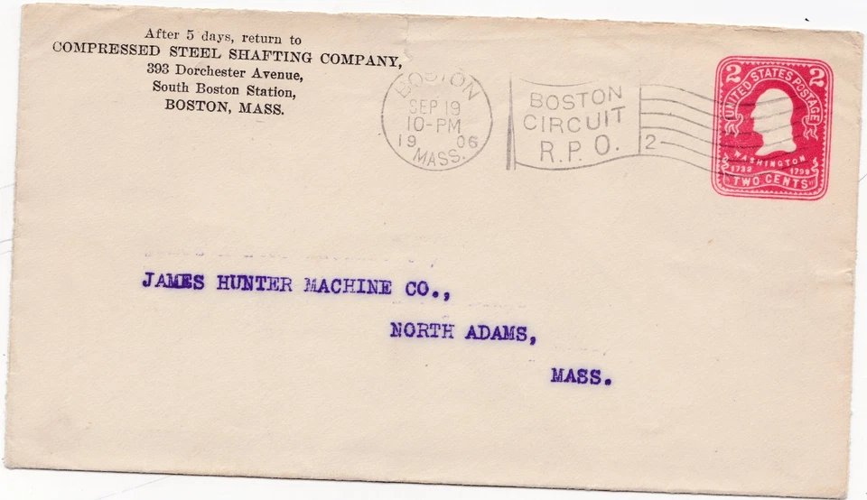 1906 FULL BACK ADVERTISING COVER COMPRESSED STEEL SHAFTING BOSTON USA RPO PMK - Image 1 of 3