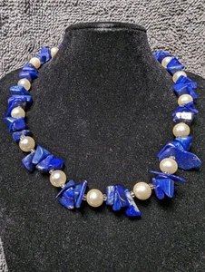 Blue Natural Stone Faux Pearl Beaded Necklace 14" - Imagen 1 de 4