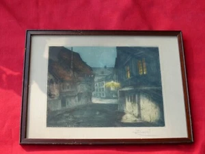 Bruges Belgium Village HAND COLORED ETCHING Artist Davril aka Dasselborne - Picture 1 of 10