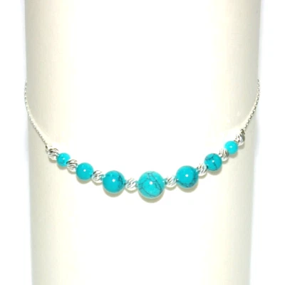 3 pcs LOT Graduated TURQUOISE Bead ANKLETS Sterling Silver 925 Chain and Beads - Image 1 of 4
