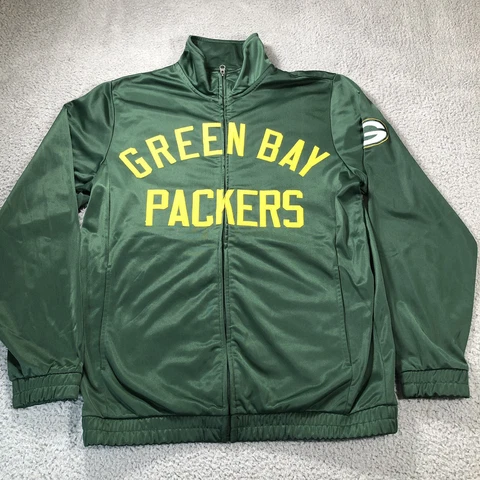 Green Bay Packers NFL Full Zip Track Jacket Green & Gold Spell Out Men's M Cover