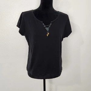Pierre Cardin Shirt Top Blouse Pullover V-Neck Collarless Womens L Black - Picture 1 of 11