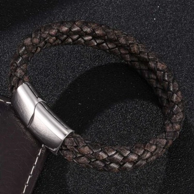 Brazalete trenzado hecho a mano con broche de acero inoxidable de 205 mm de cuero para hombre nuevo Foto 1 de 4