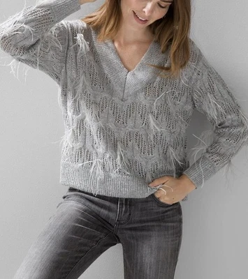 Suéter tejido de lentejuelas grises con plumas WHBM para mujer talla L nuevo con etiquetas 150,00 $ Foto 1 de 4
