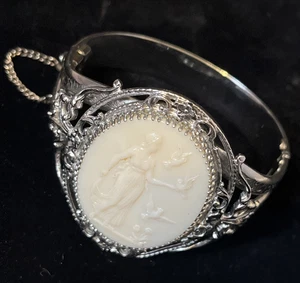 Vintage Whiting & Davis Co Ornate Silvertone Cameo Hinged Cuff Bracelet - Picture 1 of 15
