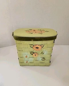 Vintage Handarbeit geflochten Holz Korb Beuteltasche handbemalt Blume Handtasche grün SIEHE - Bild 1 von 11