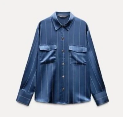 Camisa Top Zara Básica Satén Azul Marino Rayas Mujer S Botón Retro Clásica 4387/266 Foto 1 de 4