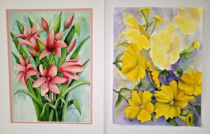Lot 2 Original Aquarell Gemälde BLUMEN NANCY SANTOS signiert Hibiskus Lilien - Bild 1 von 6