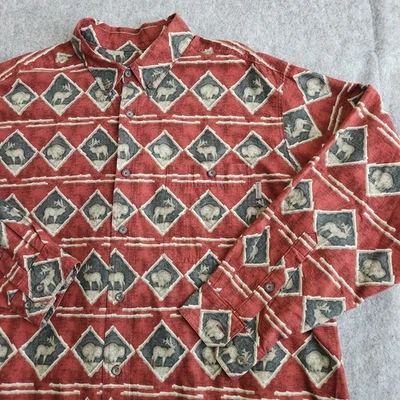 Woolrich Claret Buffalo Elk Print Southwest Button Cotton Shirt Men's 2XL Red - Image 1 of 4