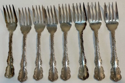 Lote de 8 tenedores de ensalada antiguos BIRKS de plata de ley Luis XV - 300 gramos + Foto 1 de 4