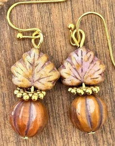 Gold with Orange Pumpkin and Dusty Rose Czech Picasso Leaf Beads. - Picture 1 of 4