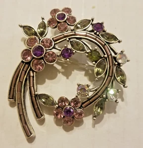 Vintage Green Purple Flower Bouquet Brooch Rhinestone Glass Silver Toned Metal - Picture 1 of 5