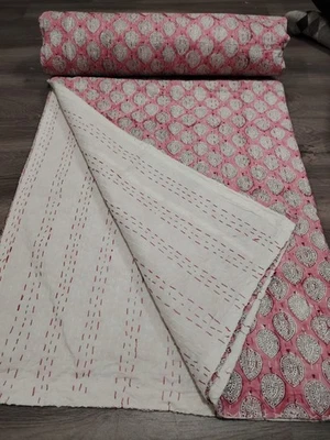Indian Block Print King Size Cotton Pink Kantha Quilt Throw Blanket Bedspread - Image 1 of 4