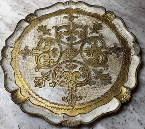 Vintage Large Florentine Tray Italian Gold Cream Gilt Accent Wooden Round 15" - Picture 1 of 2