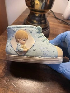 Vintage Enesco Precious Moments “Jesus Loves Me” Blue Shoe Coin Piggy Bank - Picture 1 of 5