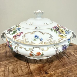 victoria china czechoslovakia porcelain Floral Gold Scroll Covered Serving Dish - Picture 1 of 16