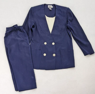 Traje Falda Para Mujer Leslie Fay Vintage Talla 12P Azul Sedoso Doble Pecho Midi Foto 1 de 4