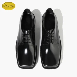 Scarpe da derby grosse Firenze Atelier uomo in pelle nera punta quadrata punta grossa Vibram LugSole - Foto 1 di 21