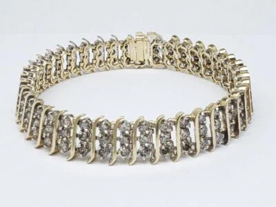 Oro sólido 2 tonos 7,5" 10K aprox. Brazalete de tres filas de diamantes de 9,36 quilates (AP1106679) Foto 1 de 4