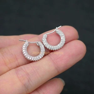 Mens Womens Round Tube Sparking CZ Hinged Hoop Earrings in Sterling Silver A4648 - Picture 1 of 12