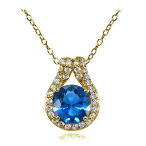 Gold Tone over Silver Simulated London Blue Topaz Round Necklace with CZ Accents - Picture 1 of 4