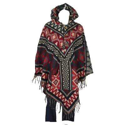 Poncho|2 Botones| Capucha con Cordón+Bolsillo|Boho|Azteca|Mezcla de Lana Yak|1 Talla|Verde azulado Foto 1 de 4